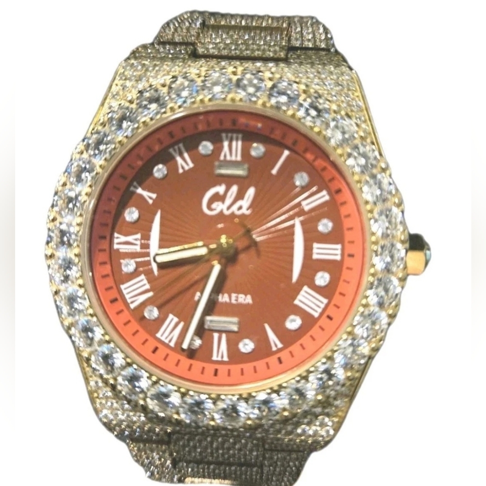 GLD Gold Iced Out 42MM Fully Iced Alpha Era® w/Diamond Prong Link Band /Red Face - Picture 3 of 12